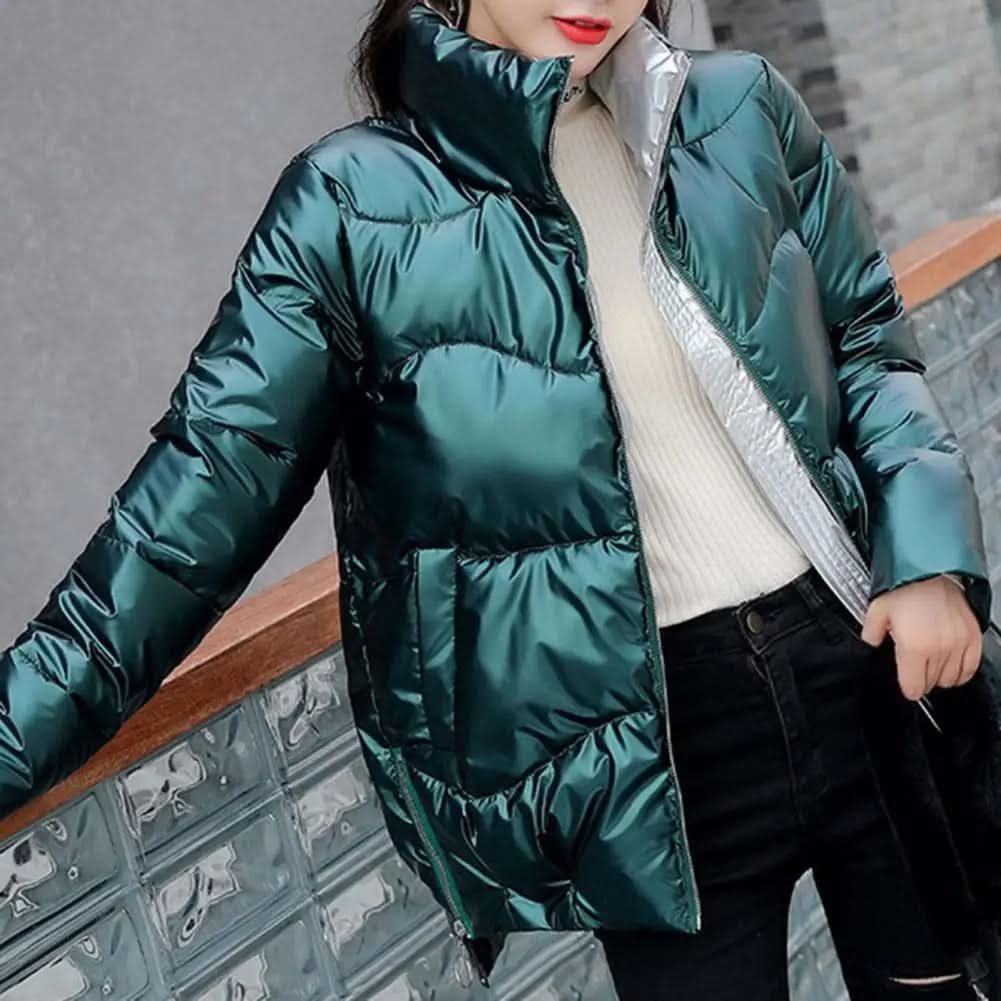 Luxuriöse Smaragdgrüne Pufferjacke für Damen im Winter