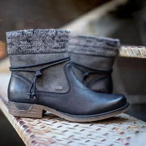 Leder Stiefeletten mit Strickbündchen und Schnürdetails für Damen