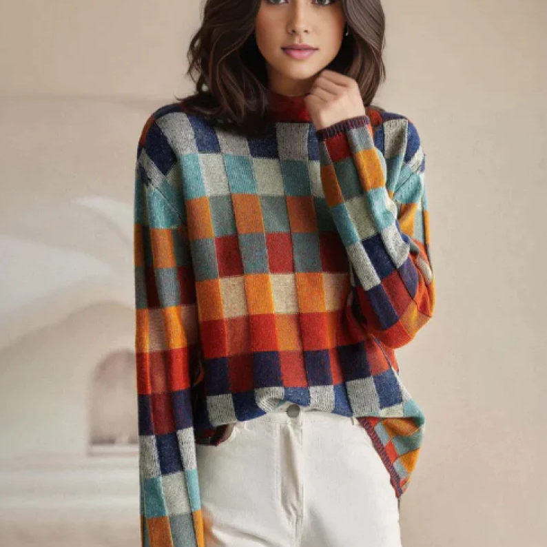 Karierter Pullover für den Herbst mit Übergröße und Patchwork für Frauen