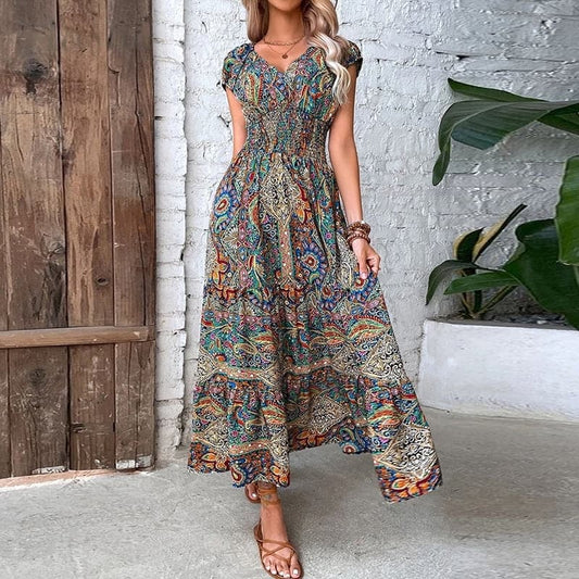 Elli – Elegantes Bohemian-Kleid mit elastischer Taille und V-Ausschnitt