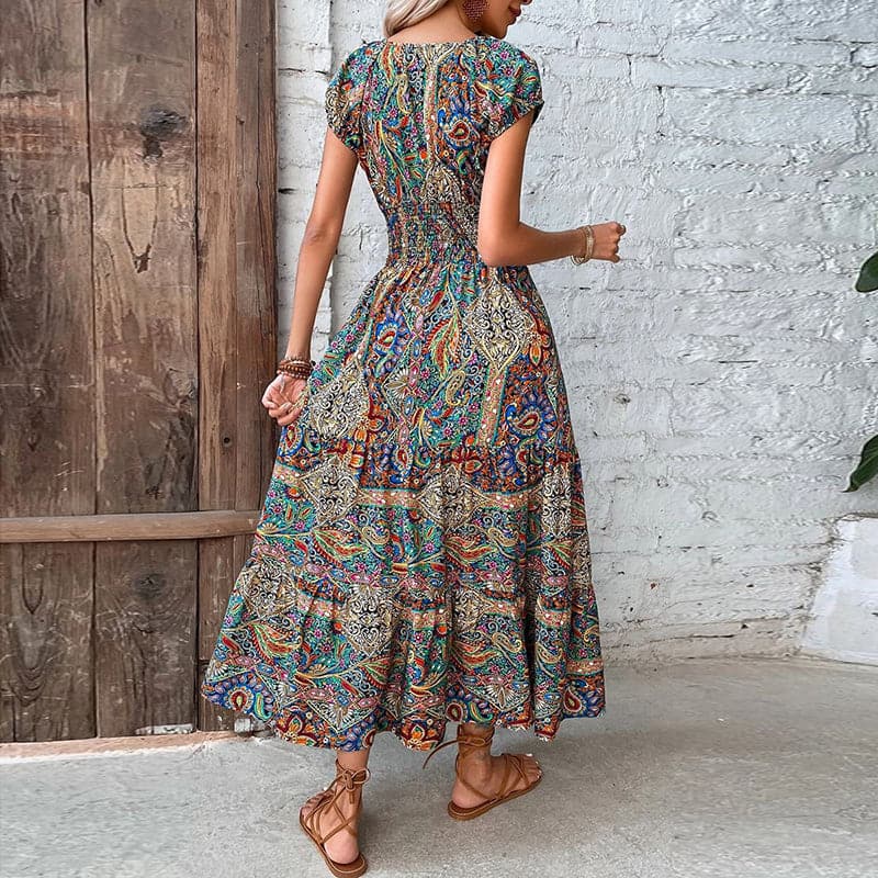 Elli – Elegantes Bohemian-Kleid mit elastischer Taille und V-Ausschnitt