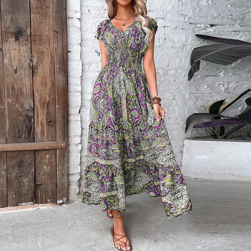 Elli – Elegantes Bohemian-Kleid mit elastischer Taille und V-Ausschnitt