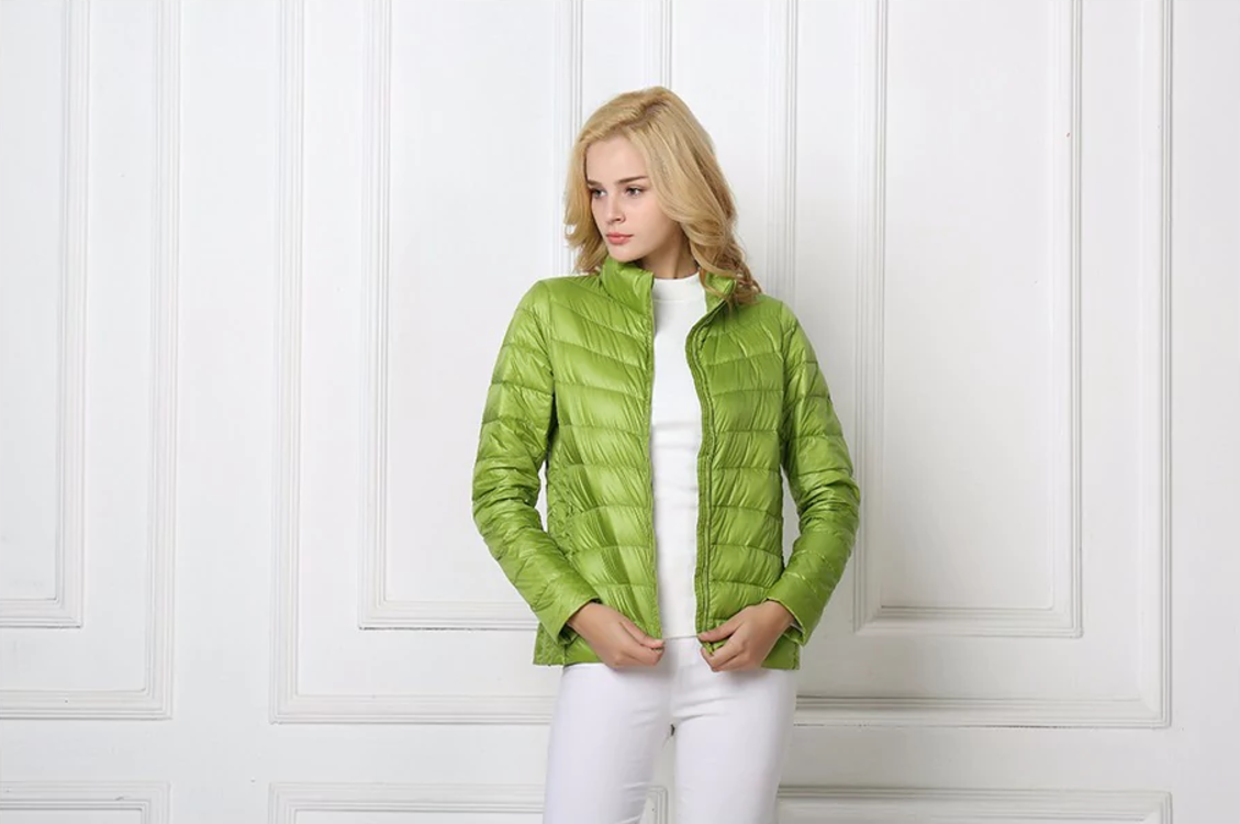 Lebendig grüne Pufferjacke für Herbst und Winter für Damen