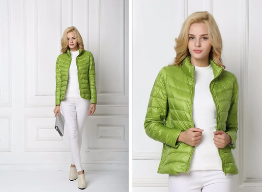 Lebendig grüne Pufferjacke für Herbst und Winter für Damen