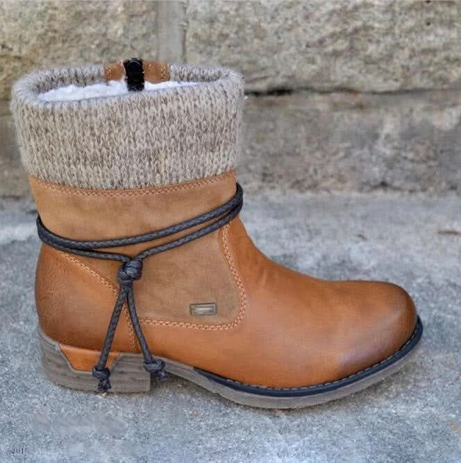 Leder Stiefeletten mit Strickbündchen und Schnürdetails für Damen